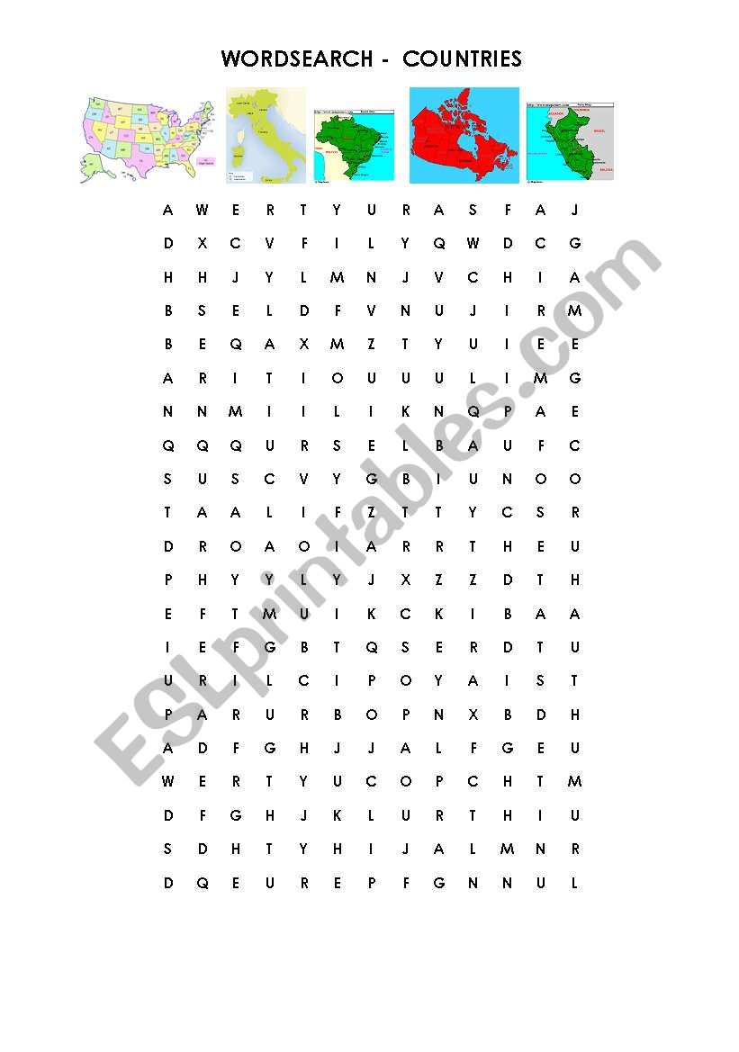 COUNTRIES - WORDSEARCH worksheet