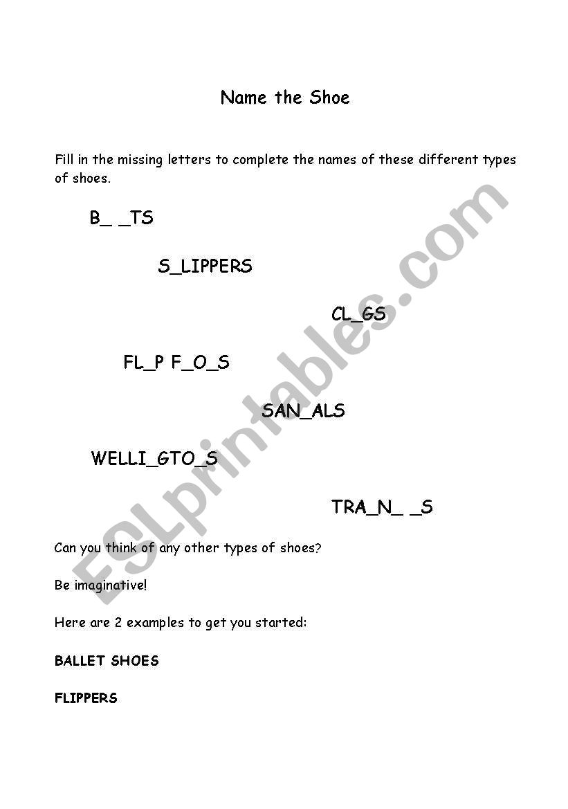different types of shoes worksheet