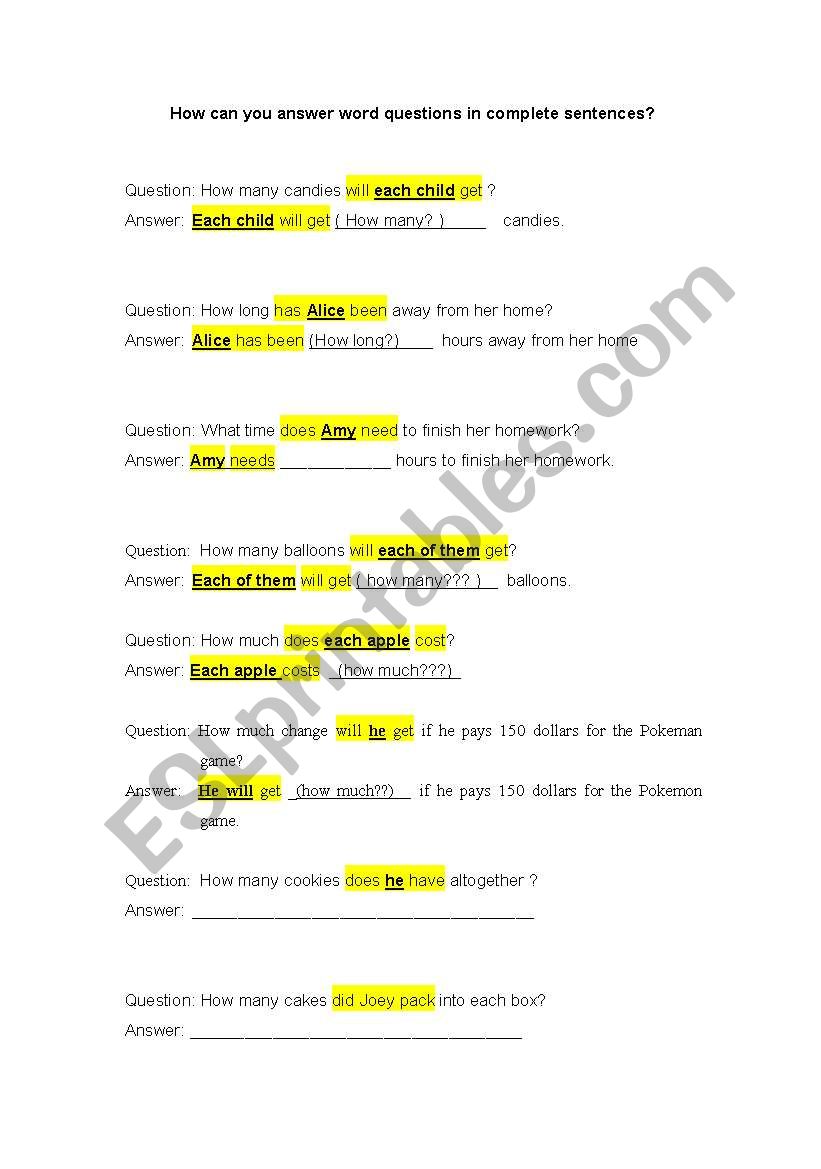 How to answer word answer worksheet