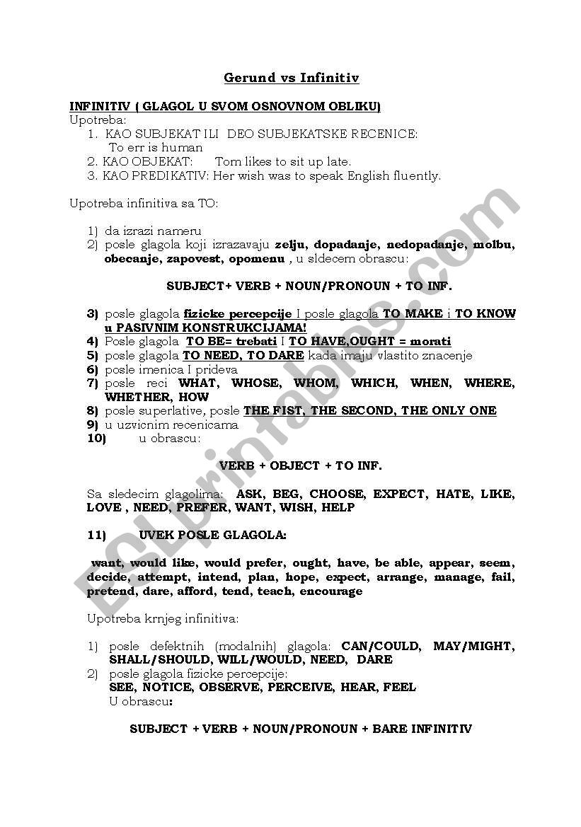 gerund vs infinitiv worksheet