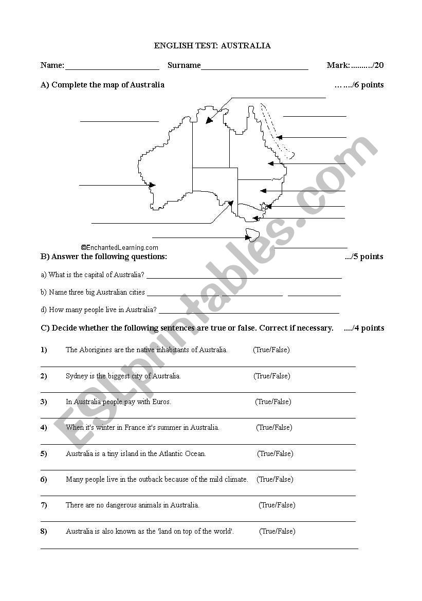 Test on Australia  worksheet