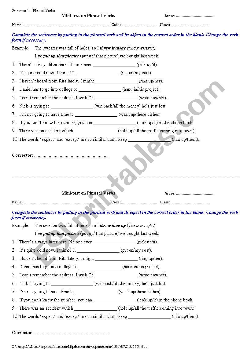 Mini - tests on phrasal verbs worksheet