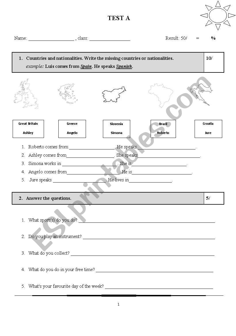 beginners test A worksheet
