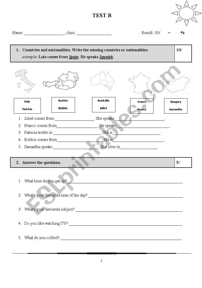 beginners test B worksheet