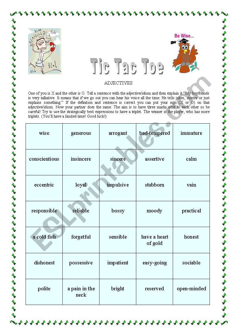 TicTacToe Adjectives worksheet