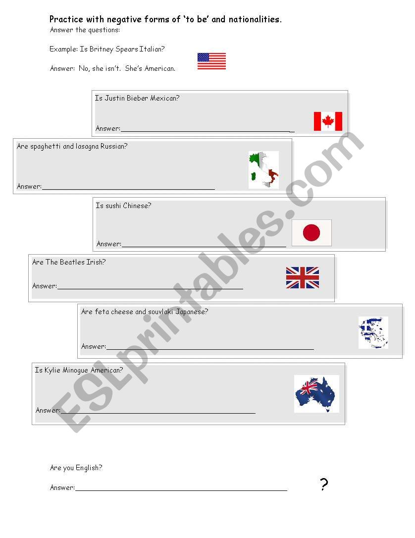 Nationalities and practice with negative forms of to be