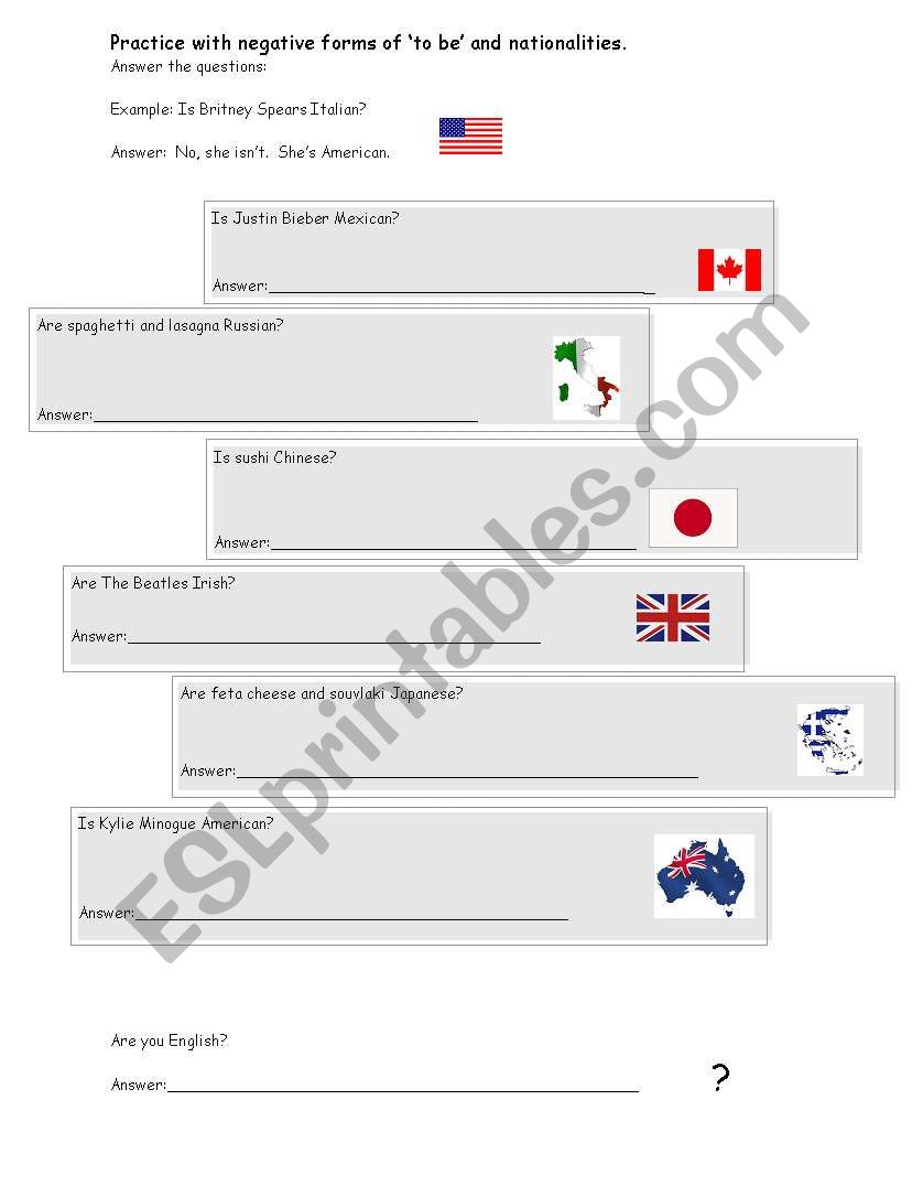 Nationalities and practice with negative forms of ´to be´