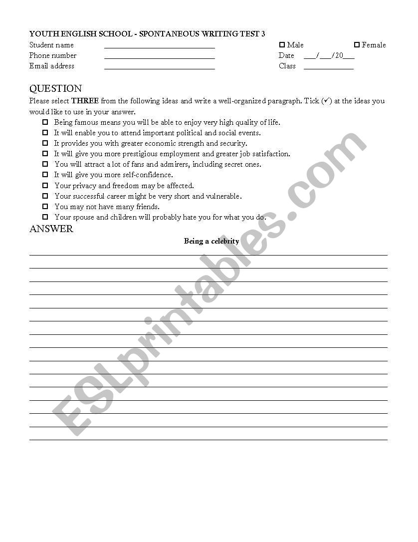 Paragraph writing test worksheet