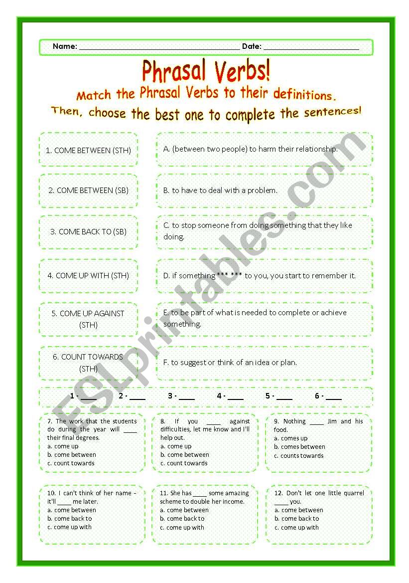 > Phrasal Verbs Practice 16! > --*-- Definitions + Exercise --*-- BW Included --*-- Fully Editable With Key!