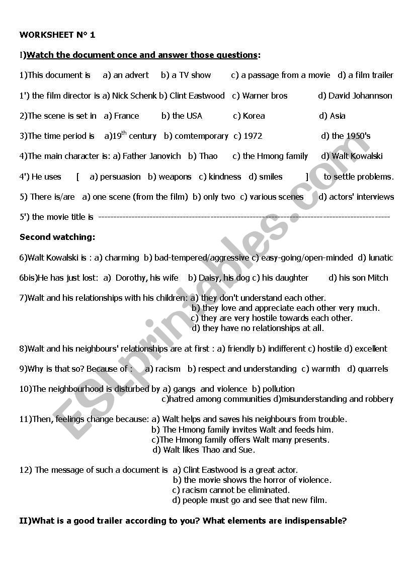 Gran Torino worksheet