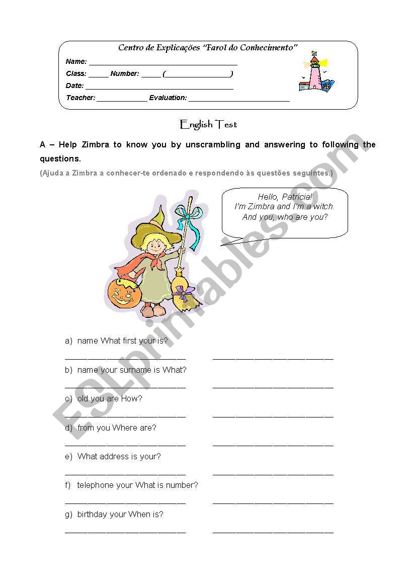 English test for 5th grades – Portuguese Students 