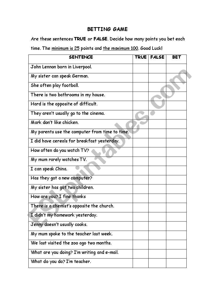 Betting Game worksheet