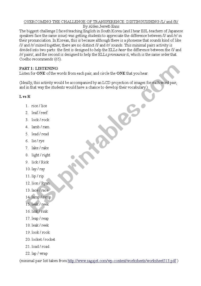Distinguishing L & R Pronunciation and Listening Activity 