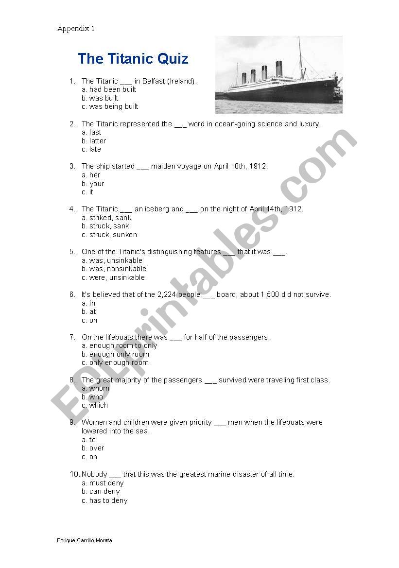 titanic quiz worksheet