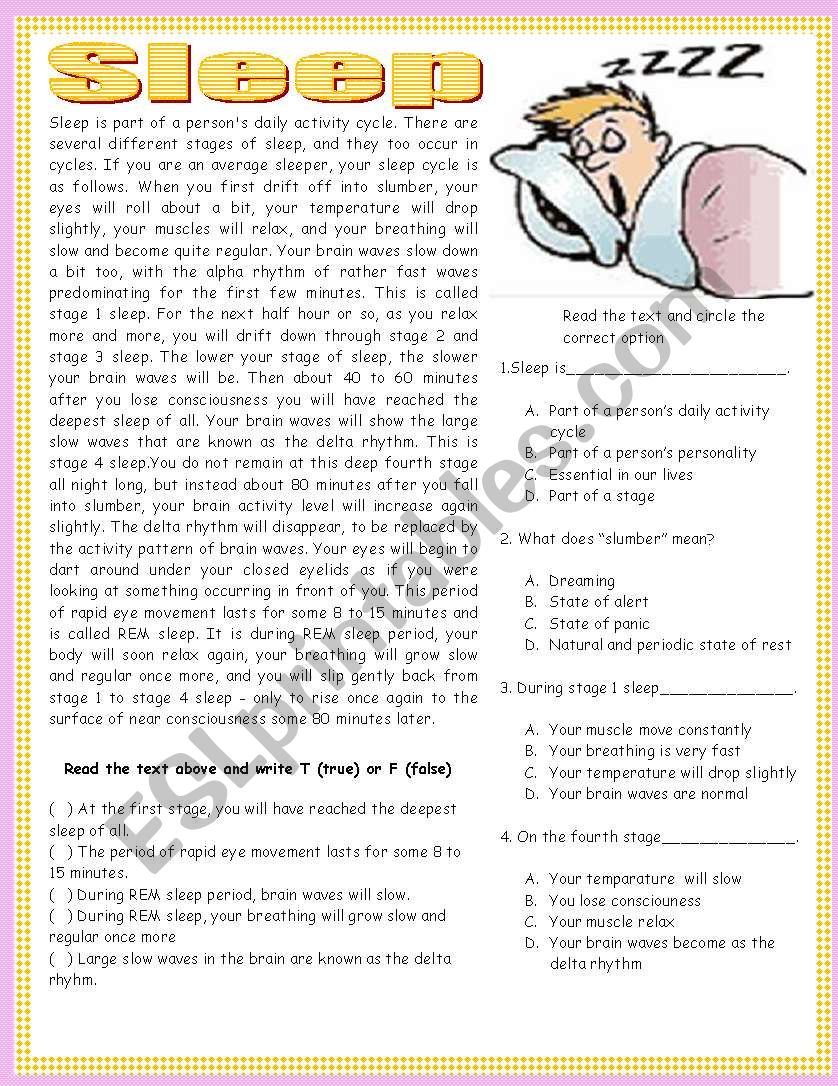 reading comprehension-sleep worksheet