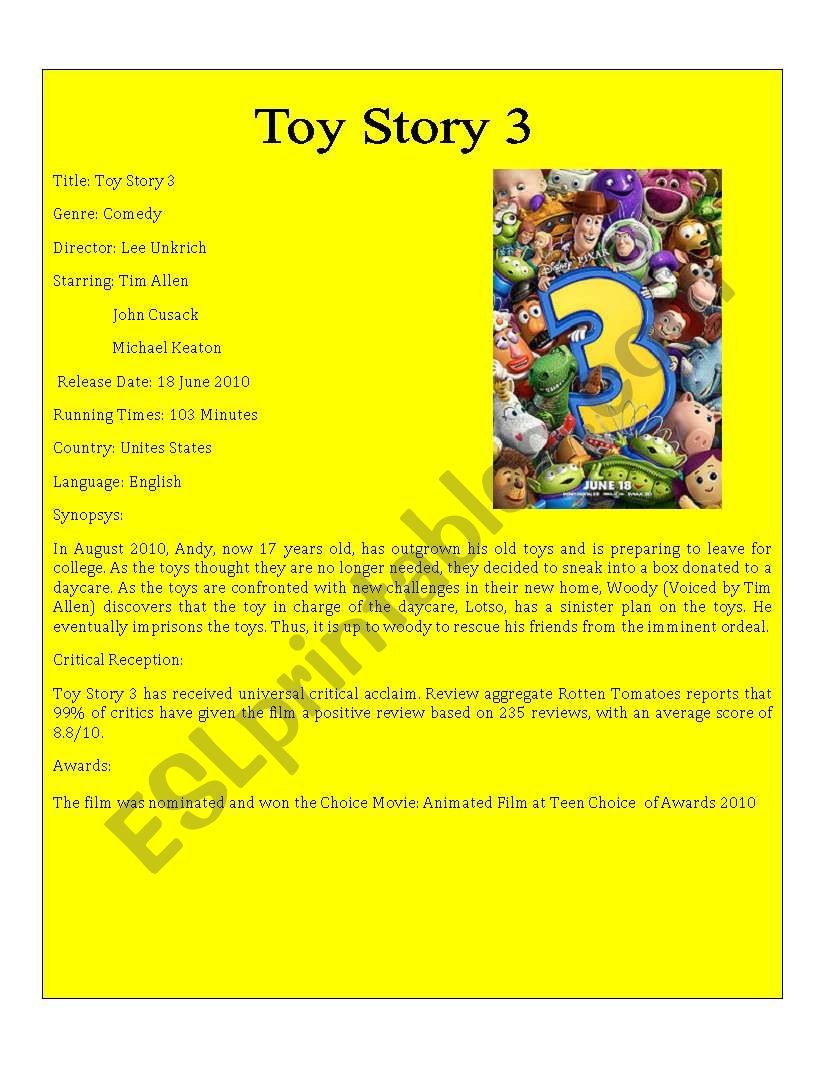 Movie Detail 4 ( Toy Story 3) worksheet