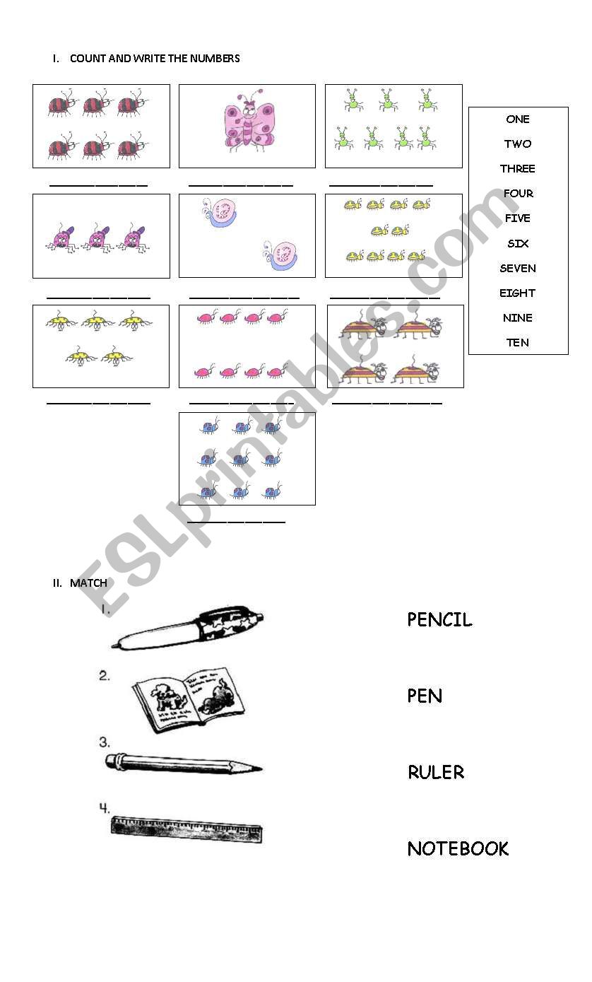 Numbers and school objects worksheet