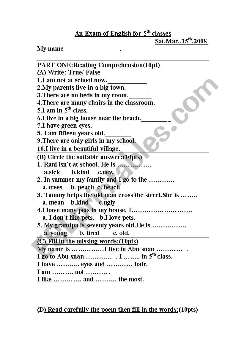 reading comprehension exam worksheet