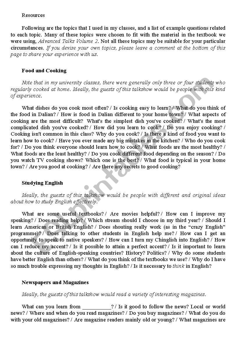 Speaking Topics worksheet