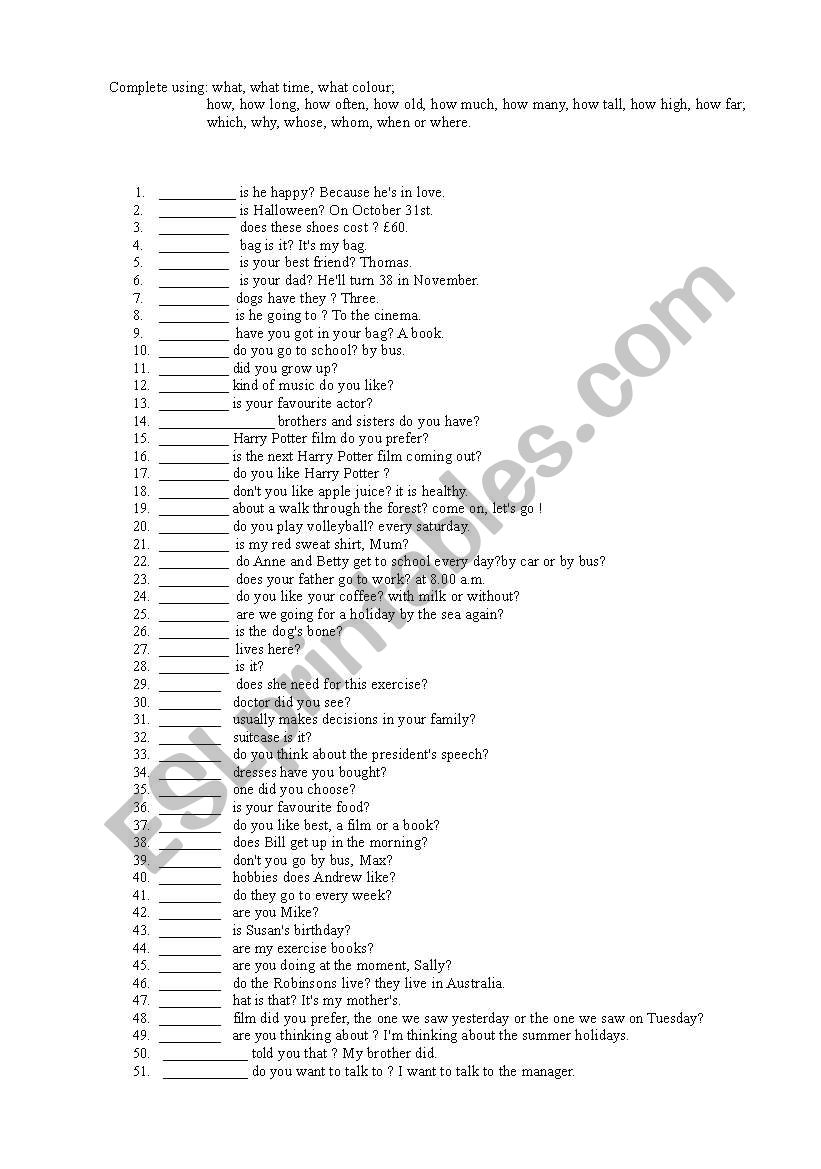 Interrogative words worksheet