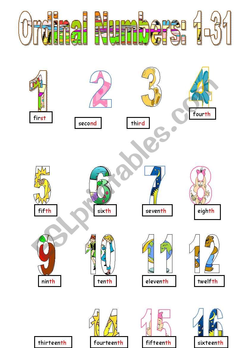 Ordinal Numbers poster: 1-31 worksheet