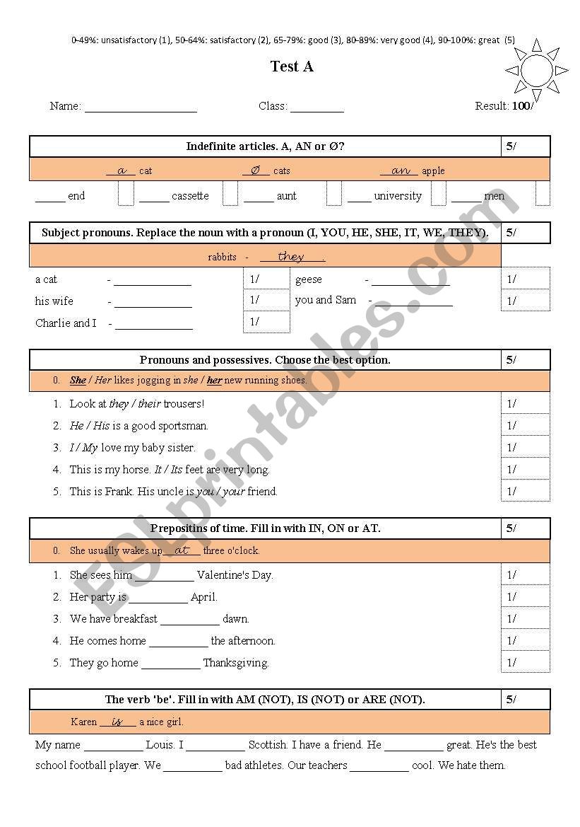 Elementary Test A worksheet