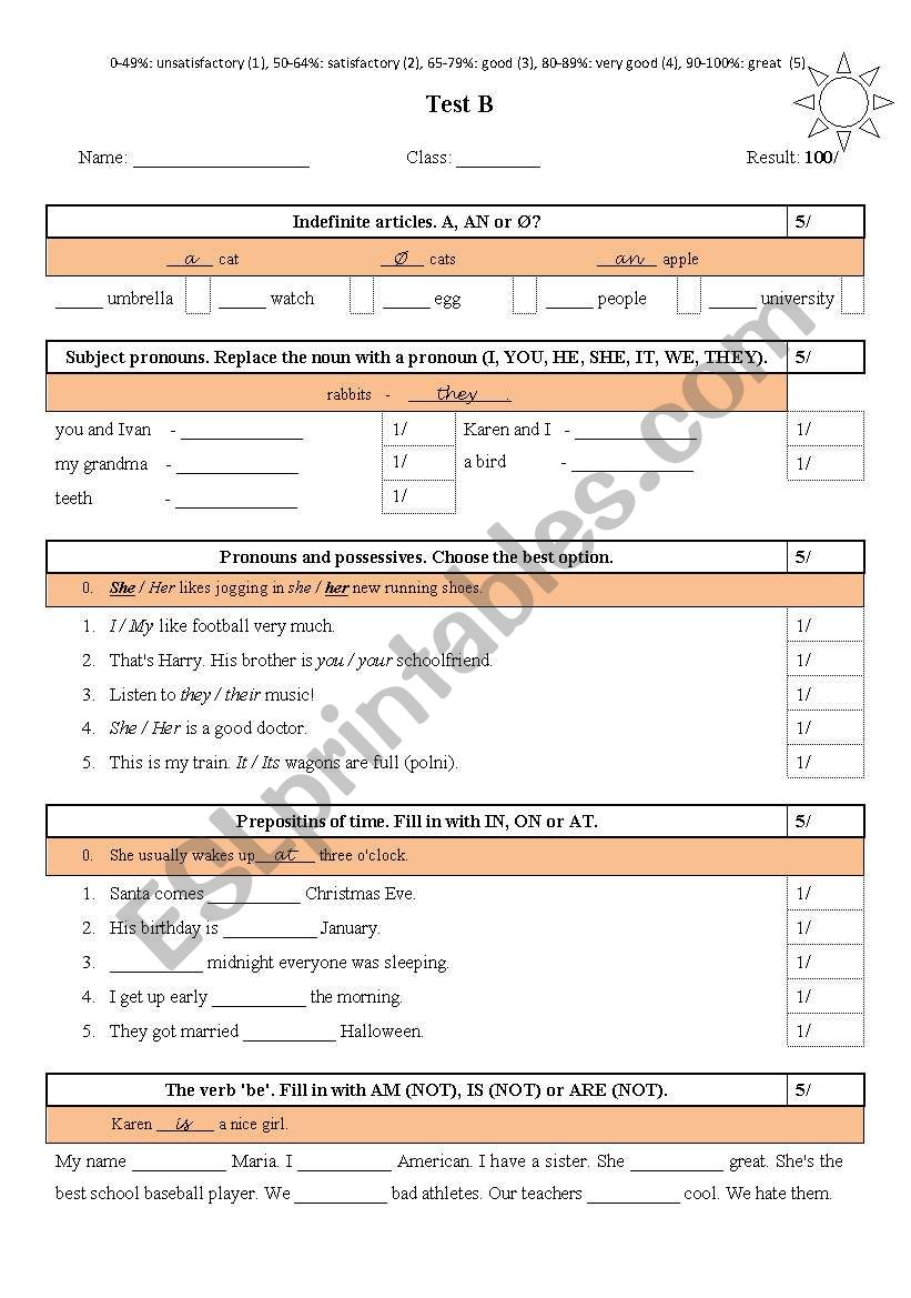 Elementary test B worksheet