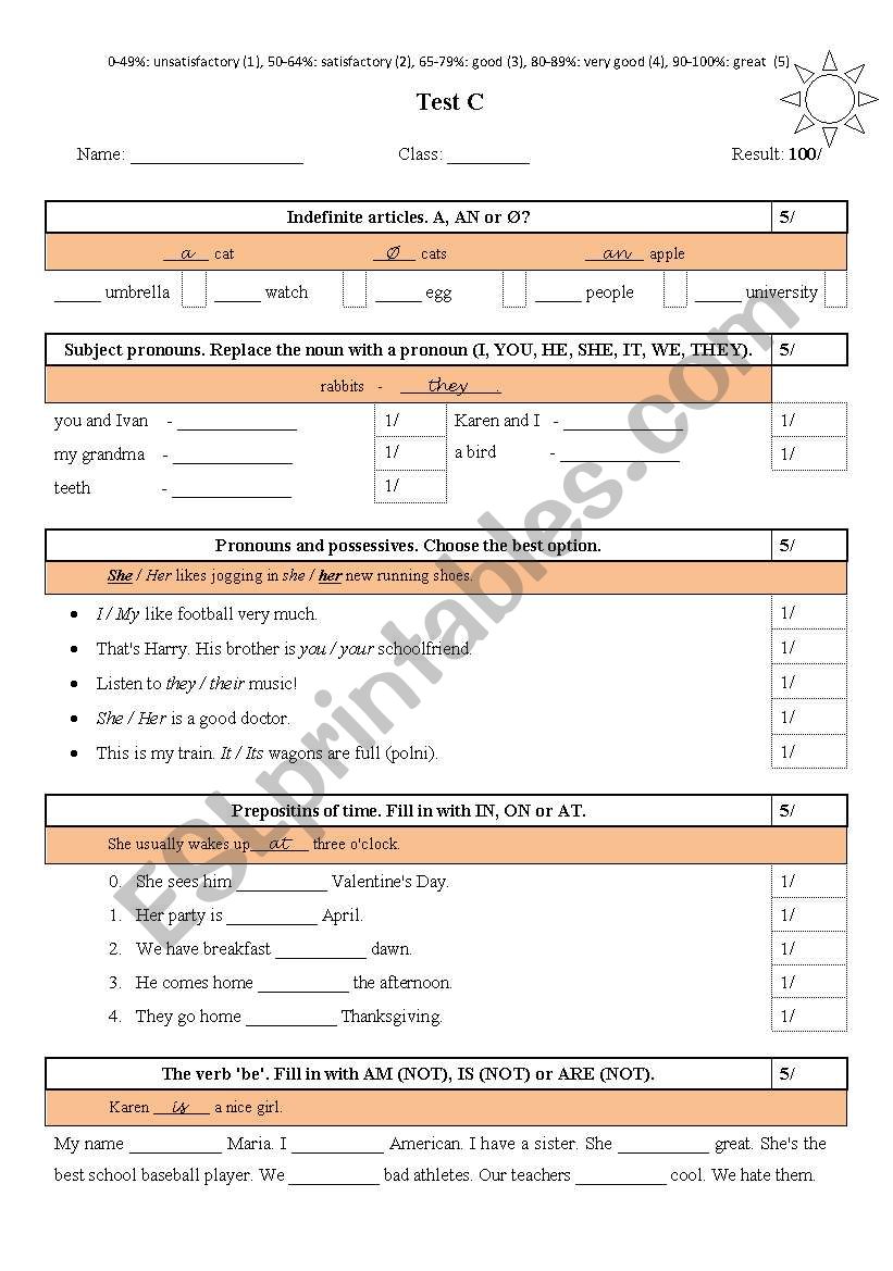 Elementary test C worksheet