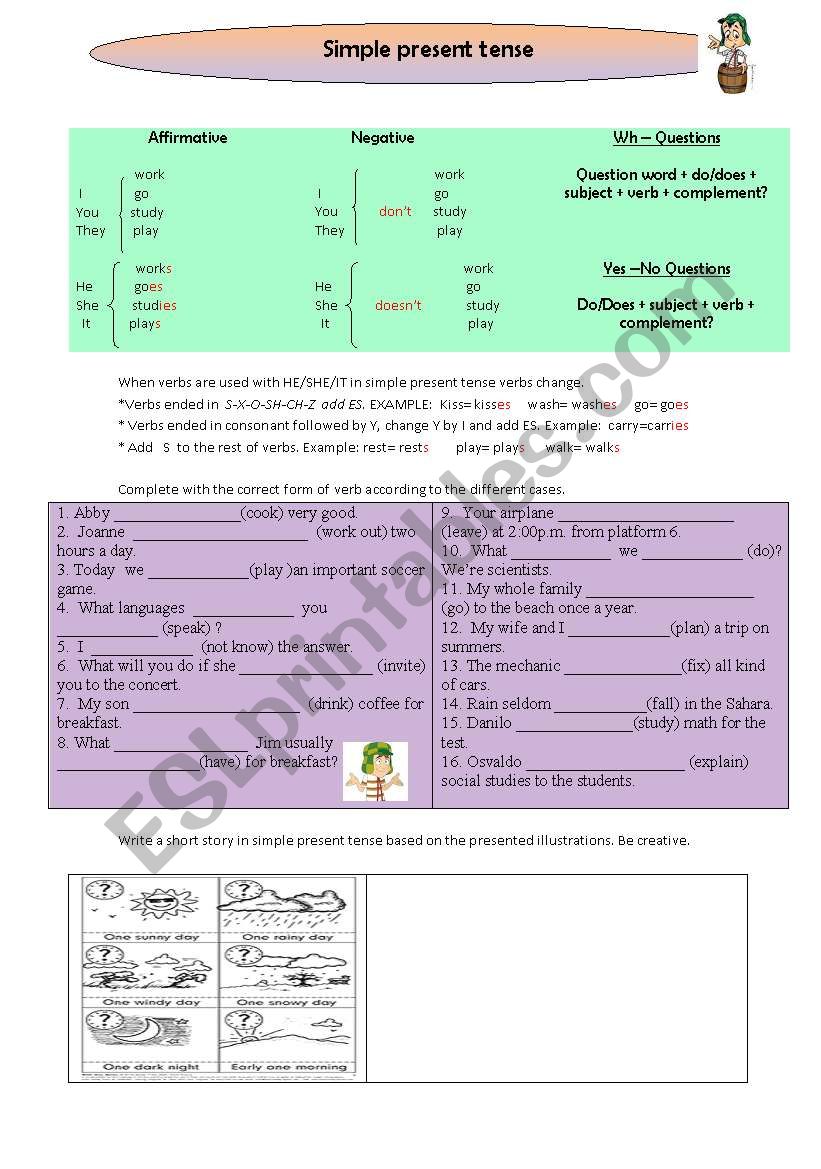 Simple present tense worksheet 2 pages of exercises.