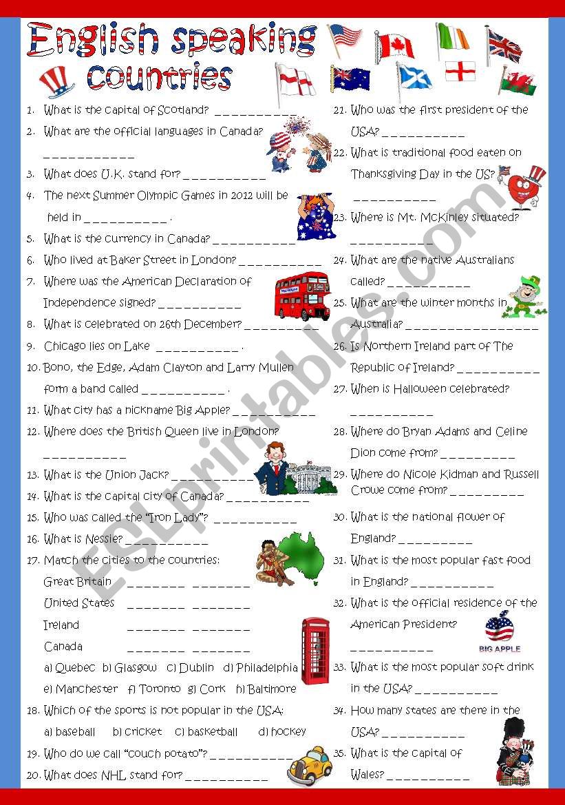 Результат пошуку зображень за запитом english speaking world worksheet