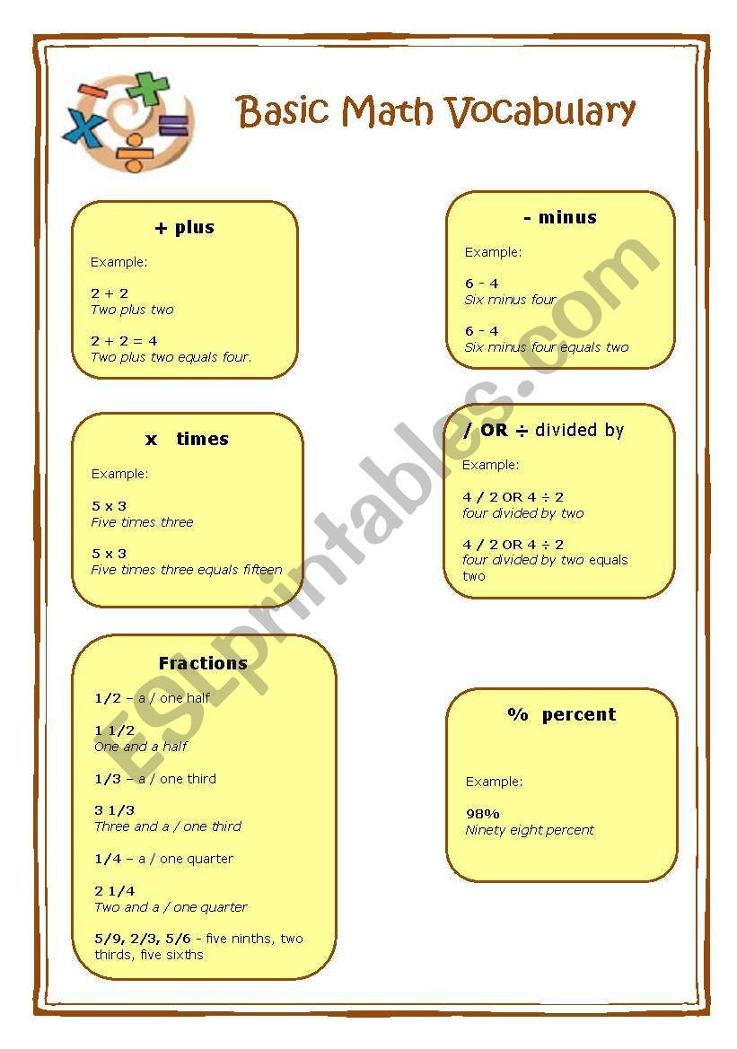 Basic Math vocabulary worksheet