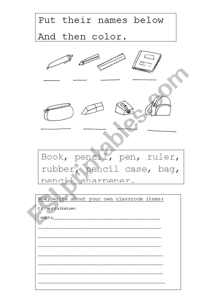 Classroom items activities worksheet