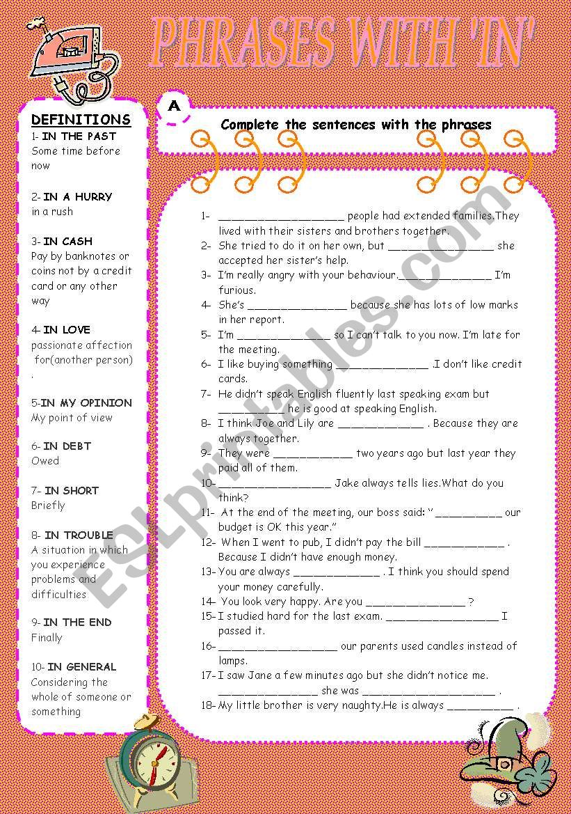PHRASES WITH IN worksheet