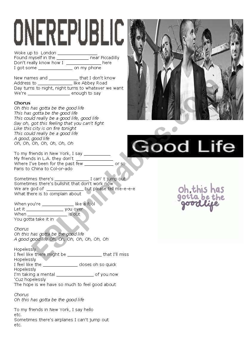 Good Life by One Republic worksheet