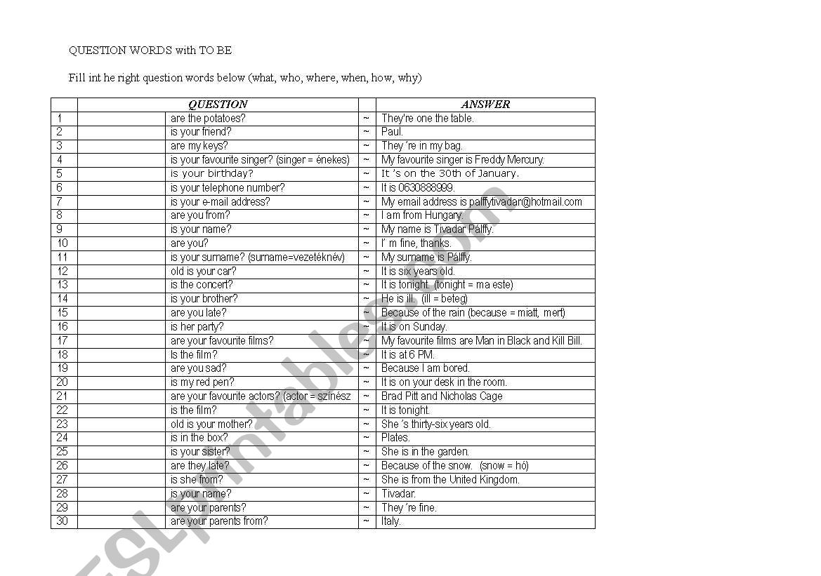 Question words with TO BE worksheet