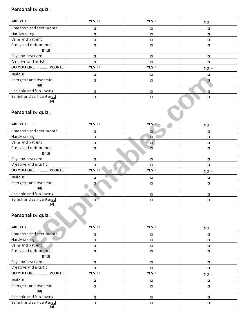 personality quiz worksheet