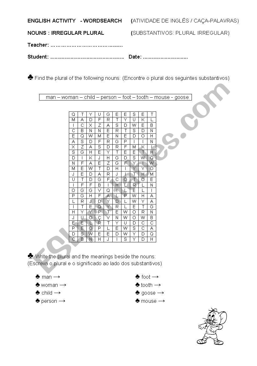 Irregular plural wordsearch worksheet