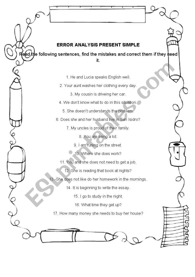 error analysis present simple worksheet