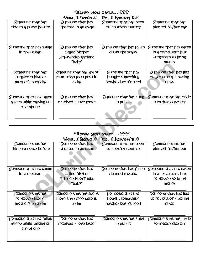 Have you ever..? Bingo! worksheet