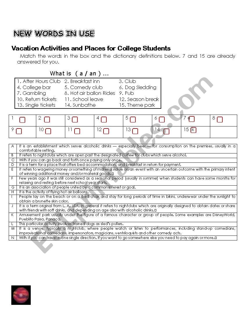 Vacation activities and places Match Word and Meaning