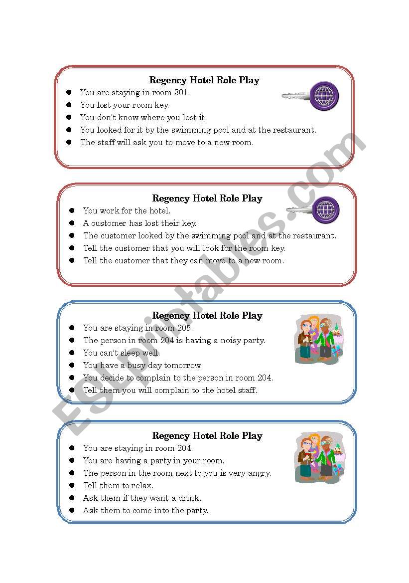 Regency Hotel Role Play Cards worksheet