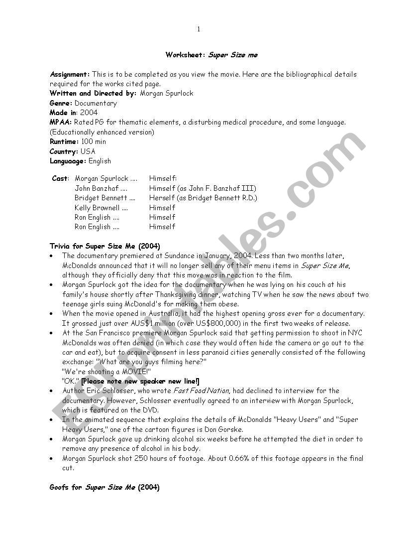 super size me worksheet worksheet