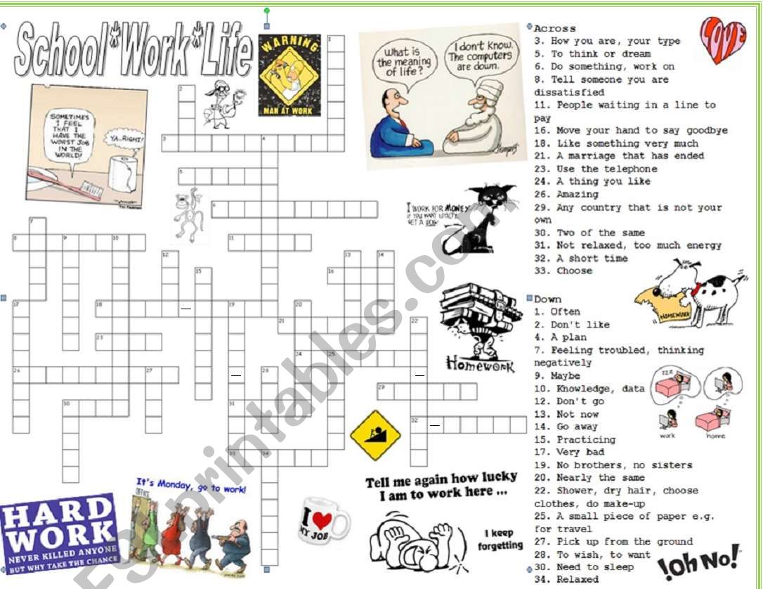 School, Work and Life Vocabulary Crossword