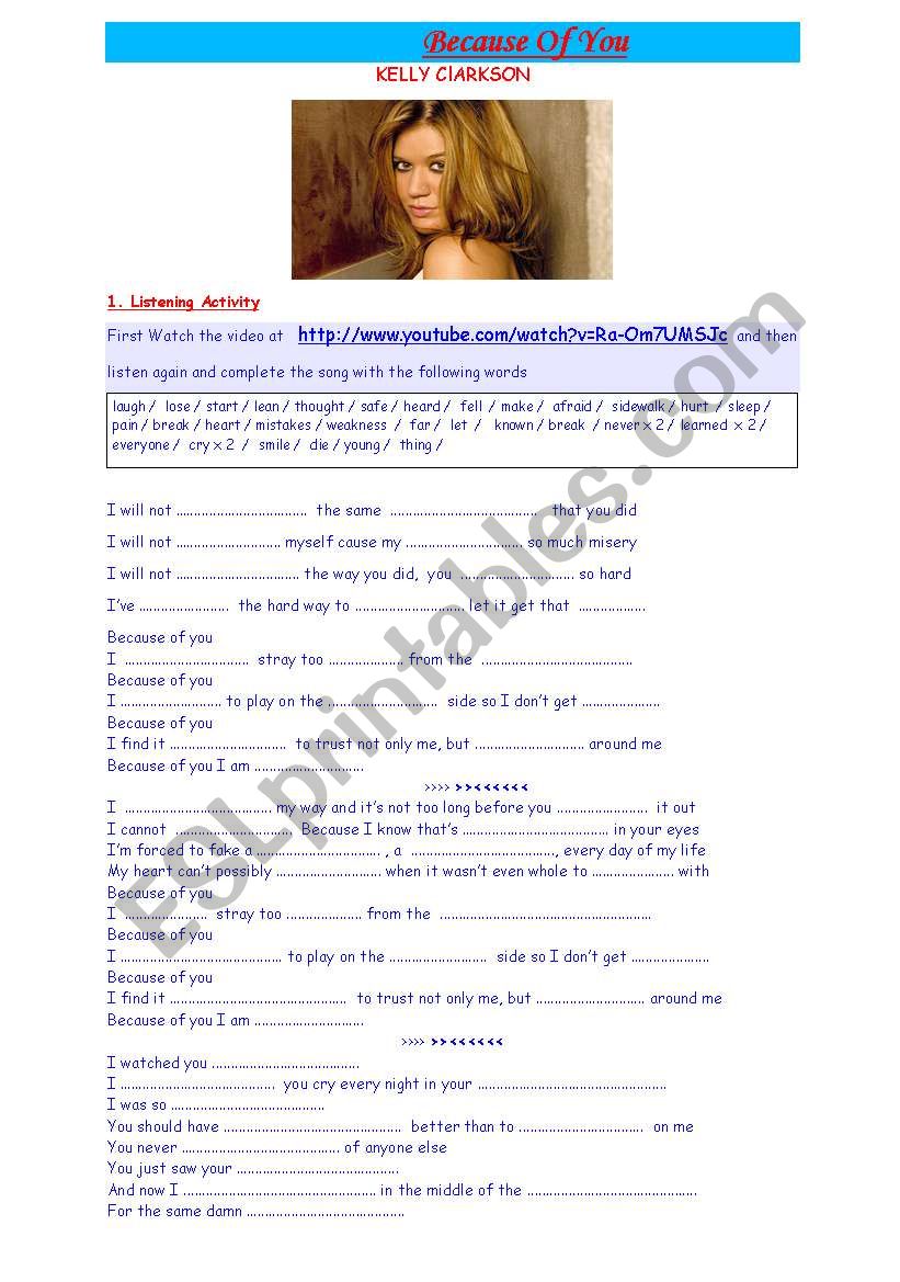 4 activities on song Because of you by kelly Clarkson (4 pages + key)