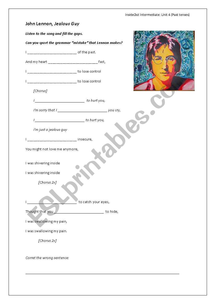 Jealous Guy Song worksheet to practice the past continuous