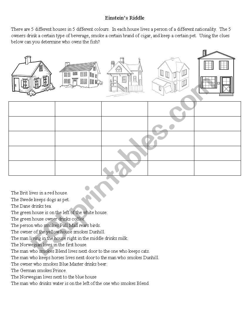 Einsteinâ€™s Riddle worksheet