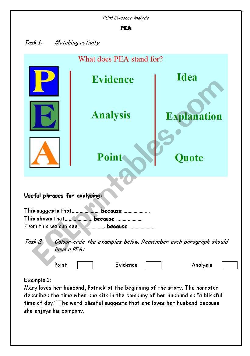 PEA activities worksheet