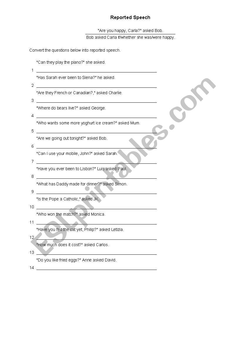 REPORTED SPEECH worksheet