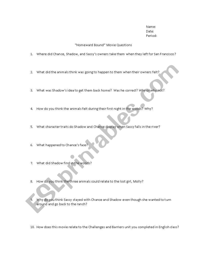 Homeward Bound Questions worksheet