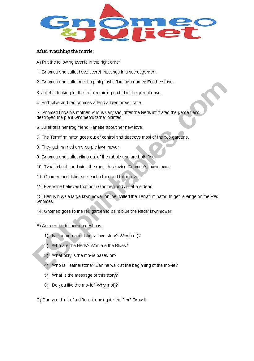 GNOMEO & JULIET  worksheet